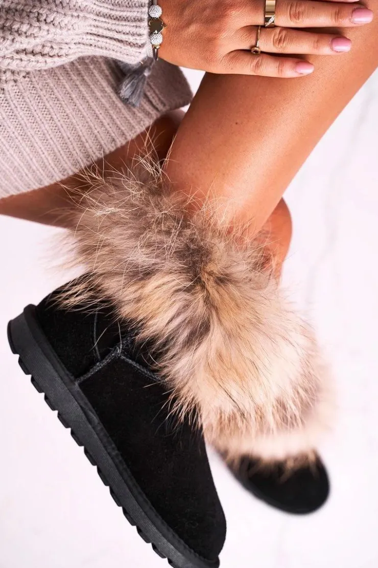 Boto Śniegowce Damskie*Damskie Skórzane Śniegowce Z Futerkiem Czarne Alexa Czarny