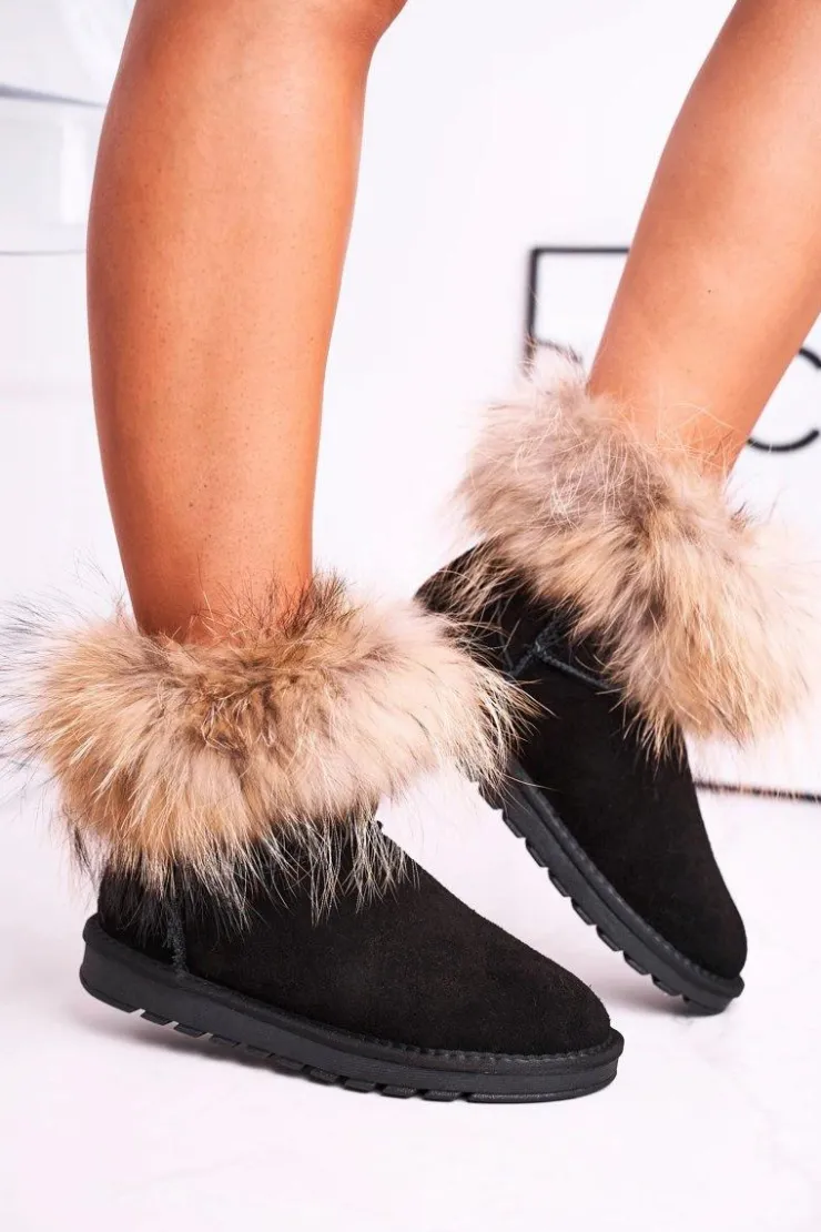 Boto Śniegowce Damskie*Damskie Skórzane Śniegowce Z Futerkiem Czarne Alexa Czarny