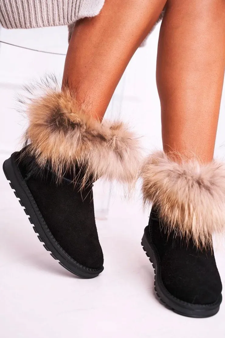 Boto Śniegowce Damskie*Damskie Skórzane Śniegowce Z Futerkiem Czarne Alexa Czarny