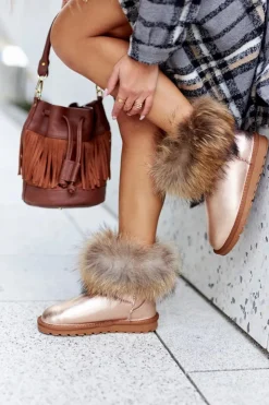 Sale Boto Damskie Skórzane Śniegowce Z Futerkiem Champagne Alexa