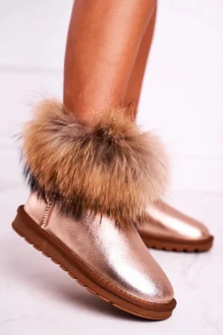 Sale Boto Damskie Skórzane Śniegowce Z Futerkiem Champagne Alexa