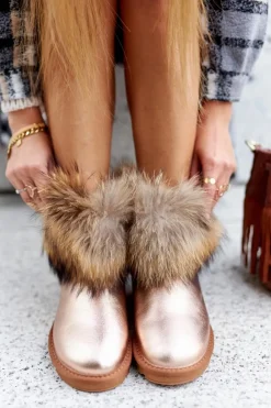 Sale Boto Damskie Skórzane Śniegowce Z Futerkiem Champagne Alexa