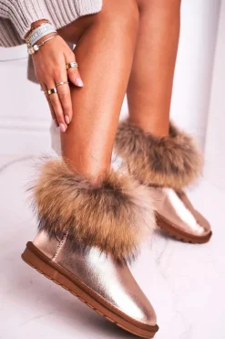 Sale Boto Damskie Skórzane Śniegowce Z Futerkiem Champagne Alexa