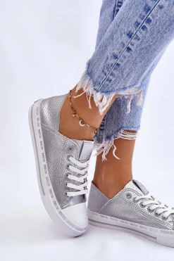 Damskie Big Star Shoes Damskie Skórzane Niskie Trampki Big Star LL274016 Srebrne