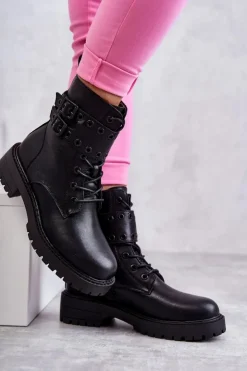 New Boto Damskie Skórzane Ocieplane Botki Czarne Silvor Czarny