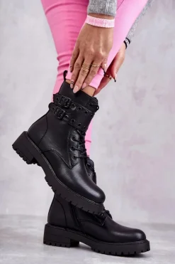 New Boto Damskie Skórzane Ocieplane Botki Czarne Silvor Czarny