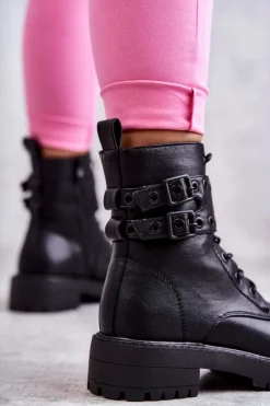 New Boto Damskie Skórzane Ocieplane Botki Czarne Silvor Czarny