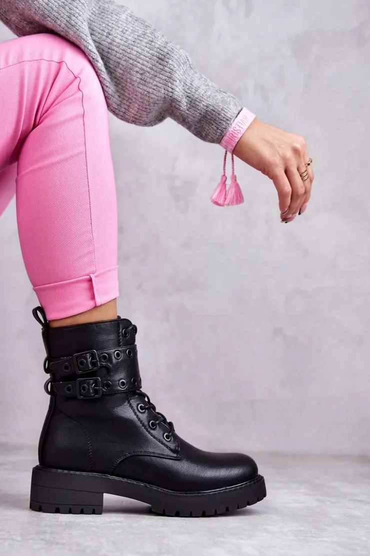 New Boto Damskie Skórzane Ocieplane Botki Czarne Silvor Czarny