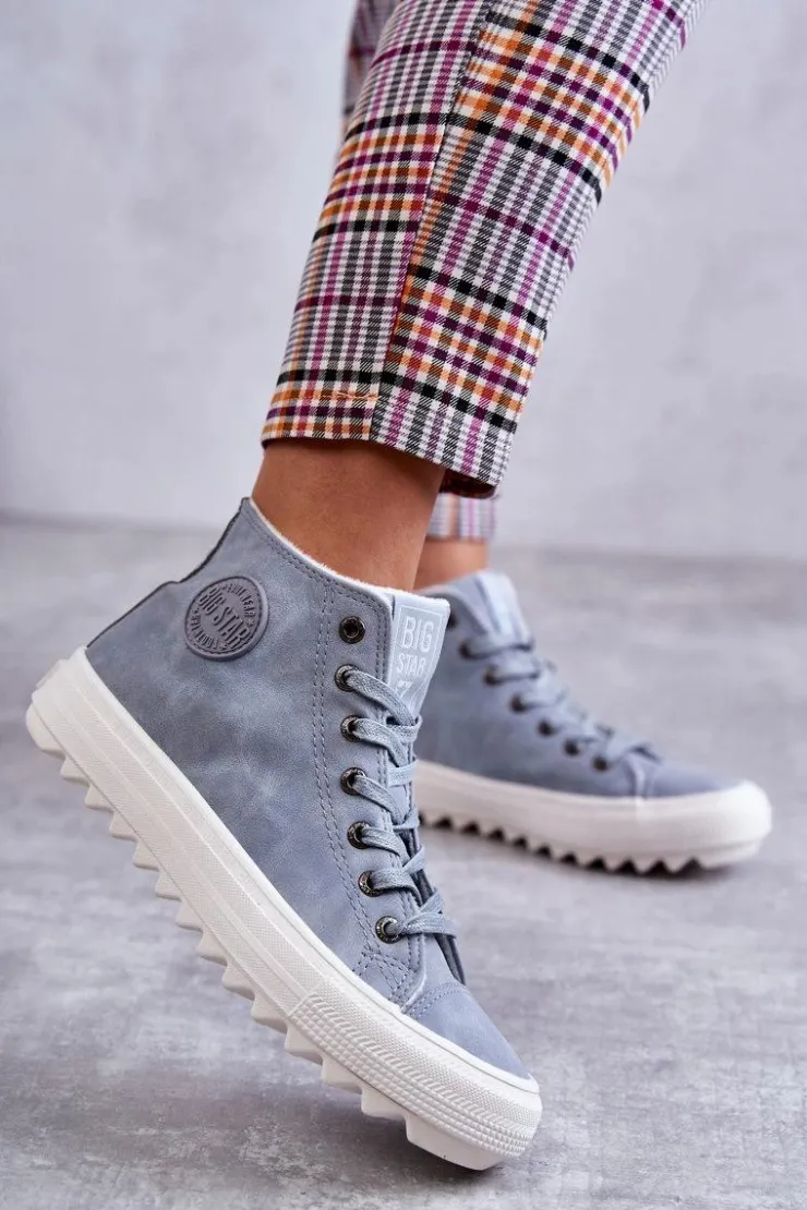 Big Star Shoes Trampki Ocieplane|Trampki Damskie Big Star*Damskie Skórzane Ocieplane Trampki Big Star EE274115 Jasnoe Niebieski