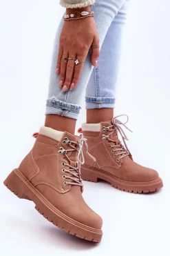 Damskie Boto Damskie Skórzane Ocieplane Trapery Różowe Poles