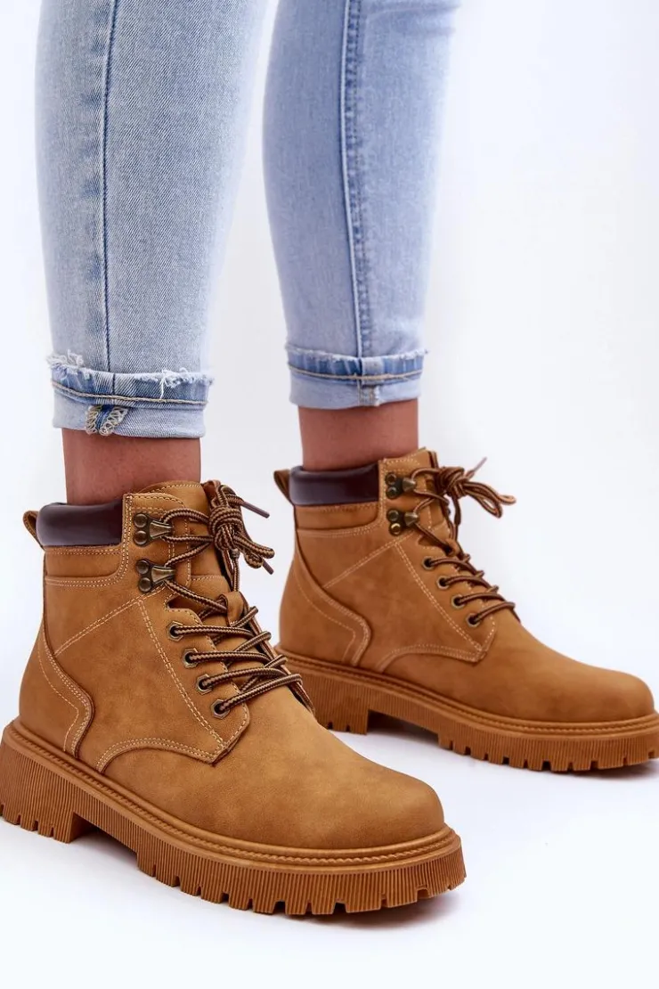 Clearance Boto Damskie Skórzane Ocieplane Trapery Brązowe Poles