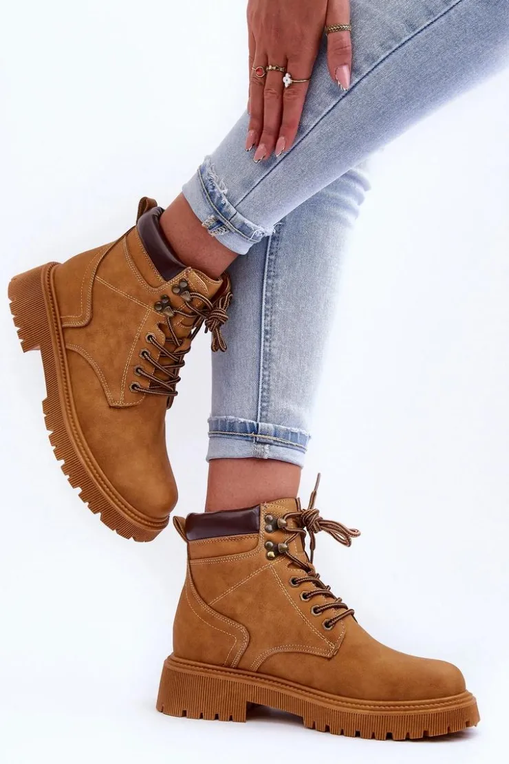 Clearance Boto Damskie Skórzane Ocieplane Trapery Brązowe Poles