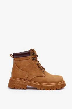 Clearance Boto Damskie Skórzane Ocieplane Trapery Brązowe Poles