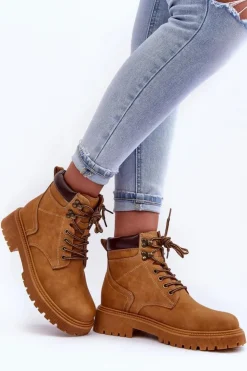 Clearance Boto Damskie Skórzane Ocieplane Trapery Brązowe Poles