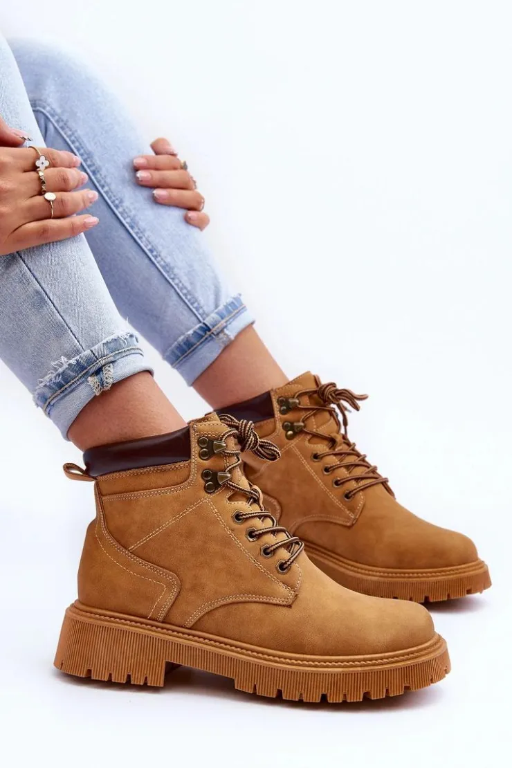 Clearance Boto Damskie Skórzane Ocieplane Trapery Brązowe Poles