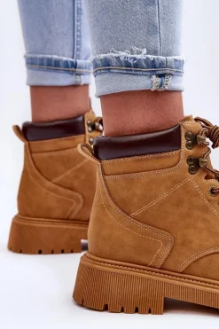 Clearance Boto Damskie Skórzane Ocieplane Trapery Brązowe Poles