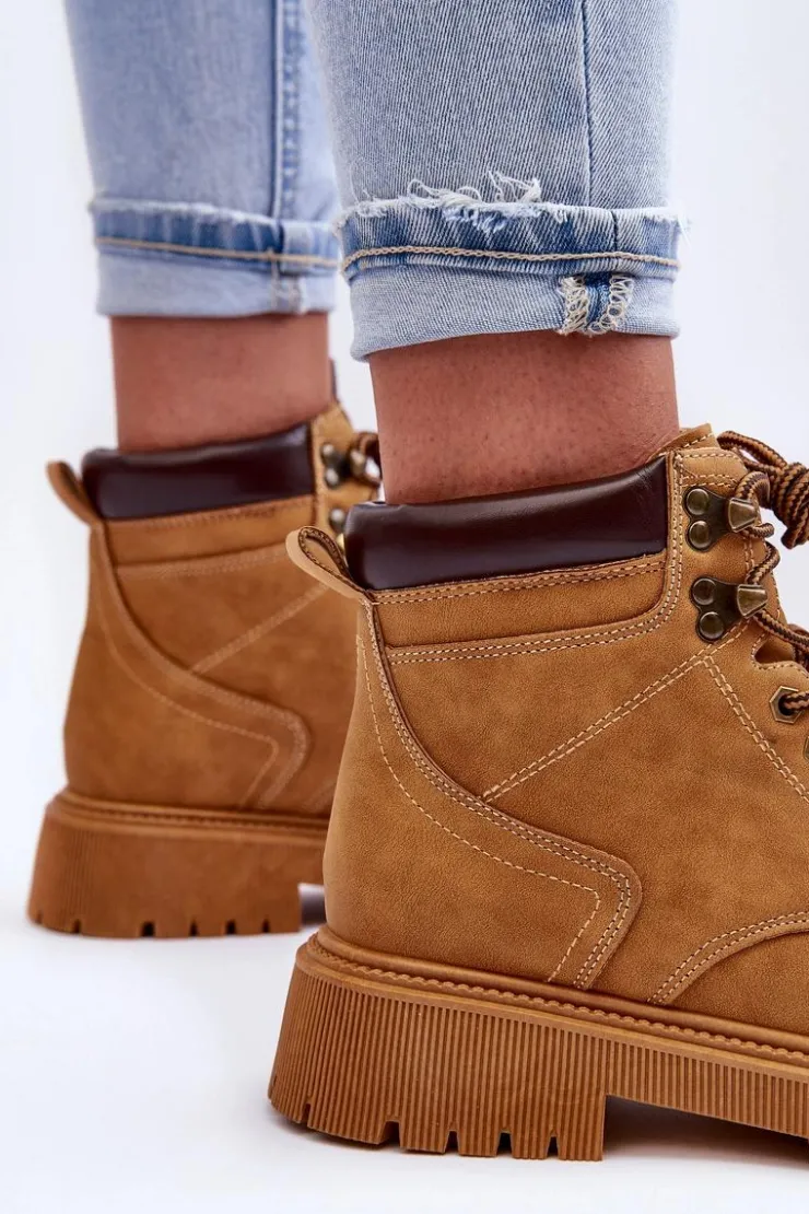 Clearance Boto Damskie Skórzane Ocieplane Trapery Brązowe Poles