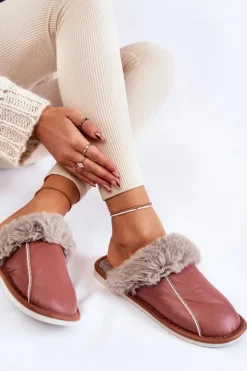 Boto Kapcie Klasyczne*Damskie Skórzane Papcie Z Futerkiem Ciemnoróżowe Rossa