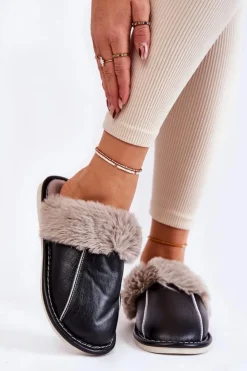 Clearance Boto Damskie Skórzane Papcie Z Futerkiem Czarne Rossa