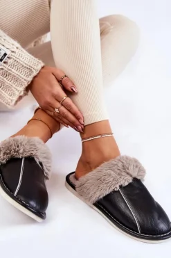 Clearance Boto Damskie Skórzane Papcie Z Futerkiem Czarne Rossa