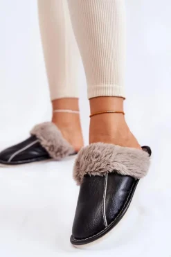 Clearance Boto Damskie Skórzane Papcie Z Futerkiem Czarne Rossa