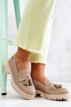 Maciejka Półbuty Skórzane|Mokasyny Damskie Skórzane*Damskie Skórzane Półbuty Frędzle 05497-04 Beżowe