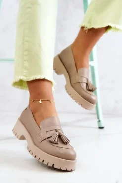 Maciejka Półbuty Skórzane|Mokasyny Damskie Skórzane*Damskie Skórzane Półbuty Frędzle 05497-04 Beżowe