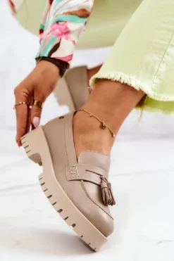 Maciejka Półbuty Skórzane|Mokasyny Damskie Skórzane*Damskie Skórzane Półbuty Frędzle 05497-04 Beżowe