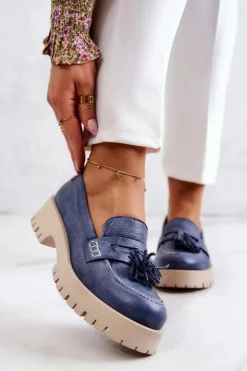 Outlet Maciejka Damskie Skórzane Półbuty Frędzle 05497-17 Niebieskie