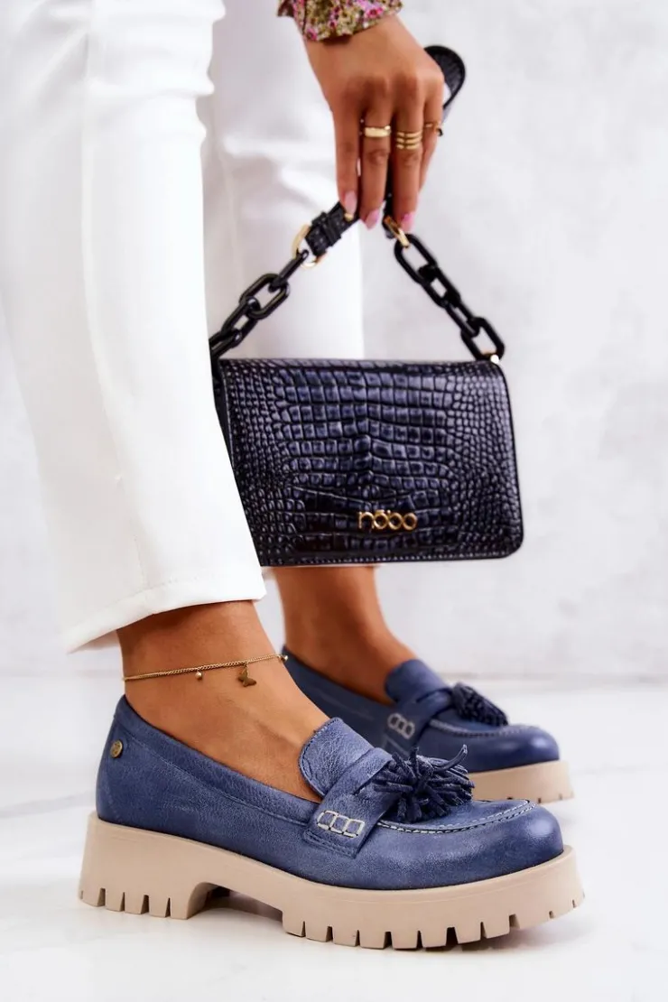 Outlet Maciejka Damskie Skórzane Półbuty Frędzle 05497-17 Niebieskie