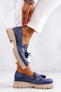 Outlet Maciejka Damskie Skórzane Półbuty Frędzle 05497-17 Niebieskie