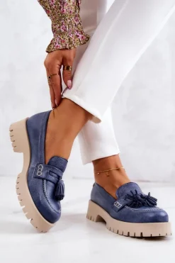 Outlet Maciejka Damskie Skórzane Półbuty Frędzle 05497-17 Niebieskie