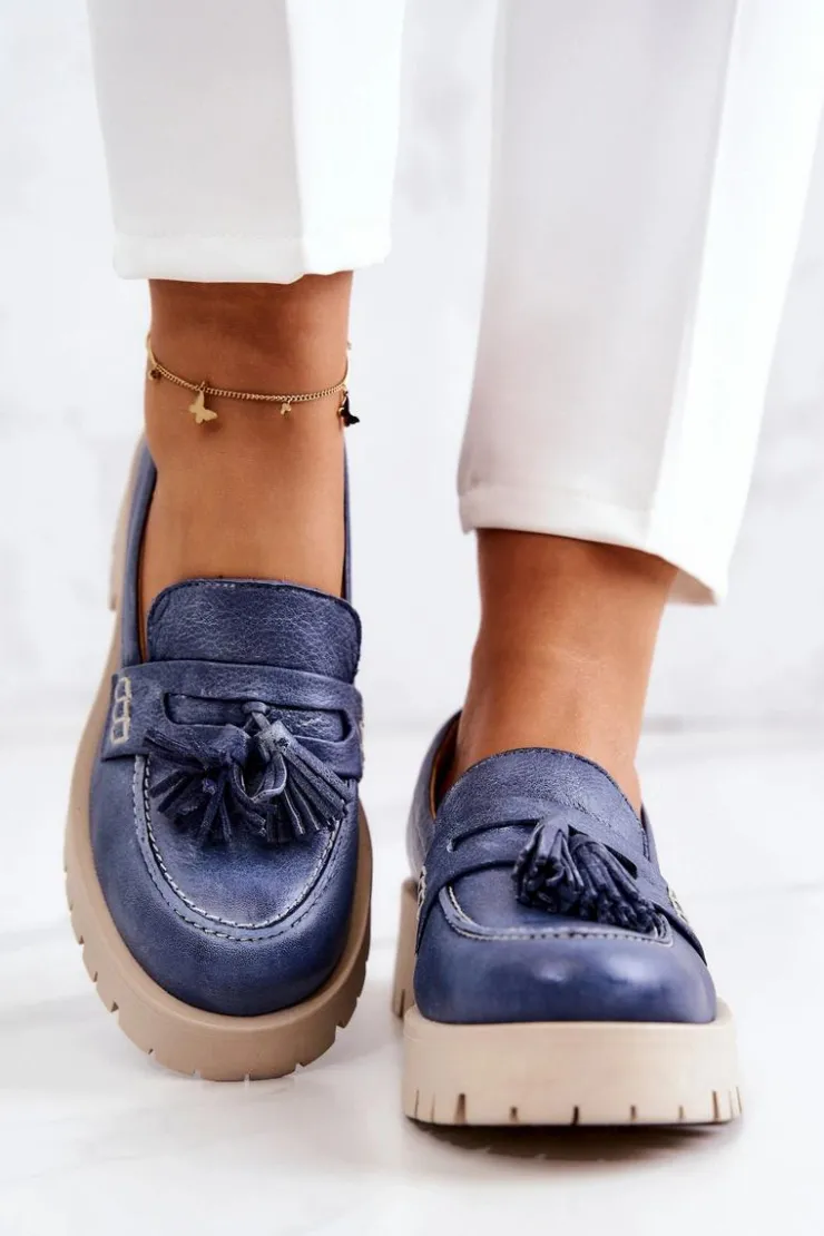 Outlet Maciejka Damskie Skórzane Półbuty Frędzle 05497-17 Niebieskie