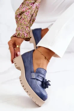 Outlet Maciejka Damskie Skórzane Półbuty Frędzle 05497-17 Niebieskie