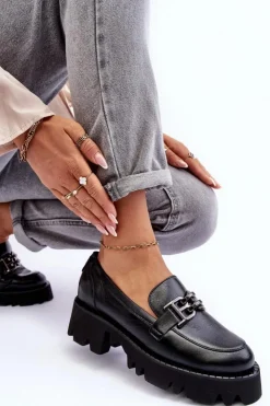 Damskie Laura Messi Damskie Skórzane Półbuty Loafersy Z Ozdobą 2699 Czarne