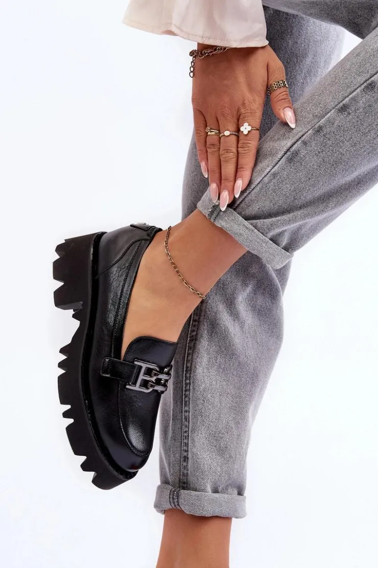 Damskie Laura Messi Damskie Skórzane Półbuty Loafersy Z Ozdobą 2699 Czarne