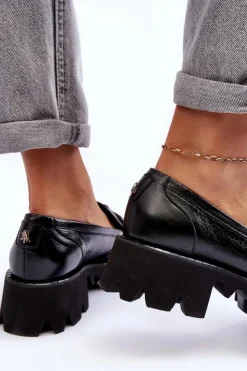 Damskie Laura Messi Damskie Skórzane Półbuty Loafersy Z Ozdobą 2699 Czarne