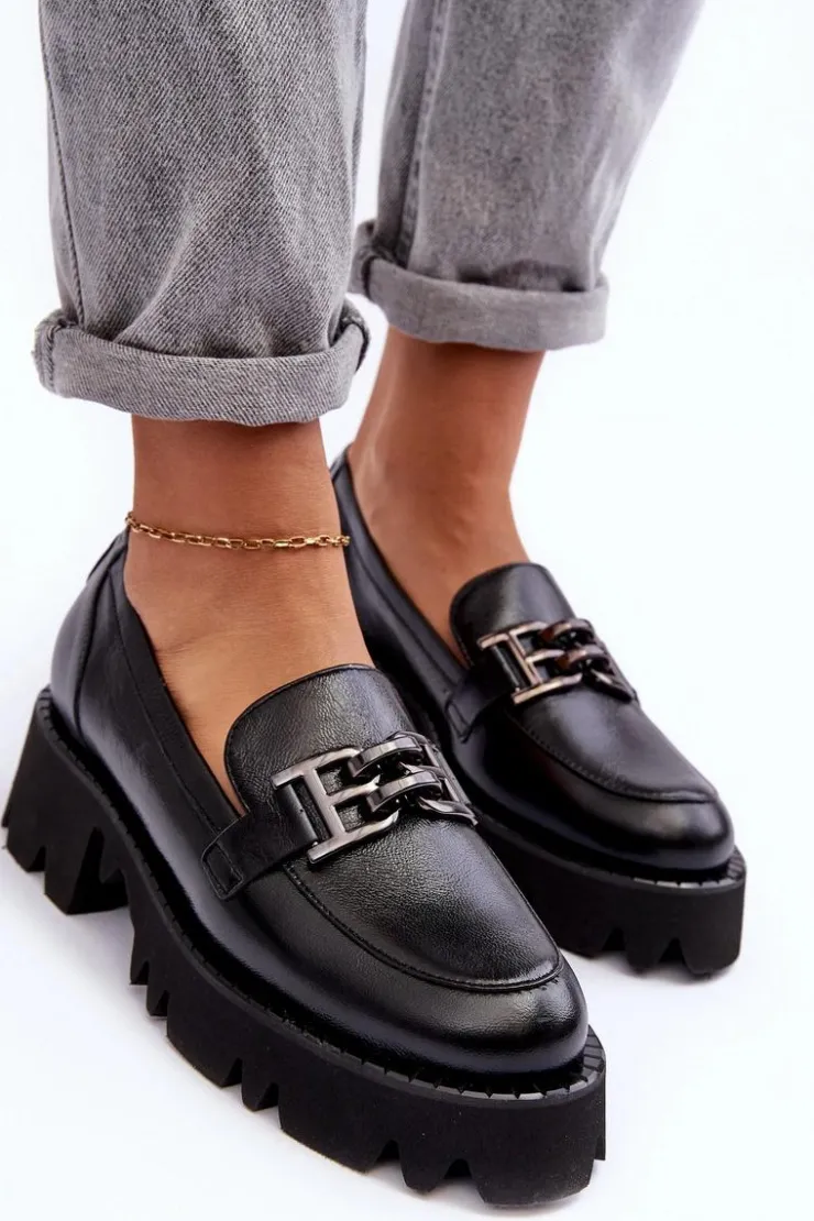 Damskie Laura Messi Damskie Skórzane Półbuty Loafersy Z Ozdobą 2699 Czarne