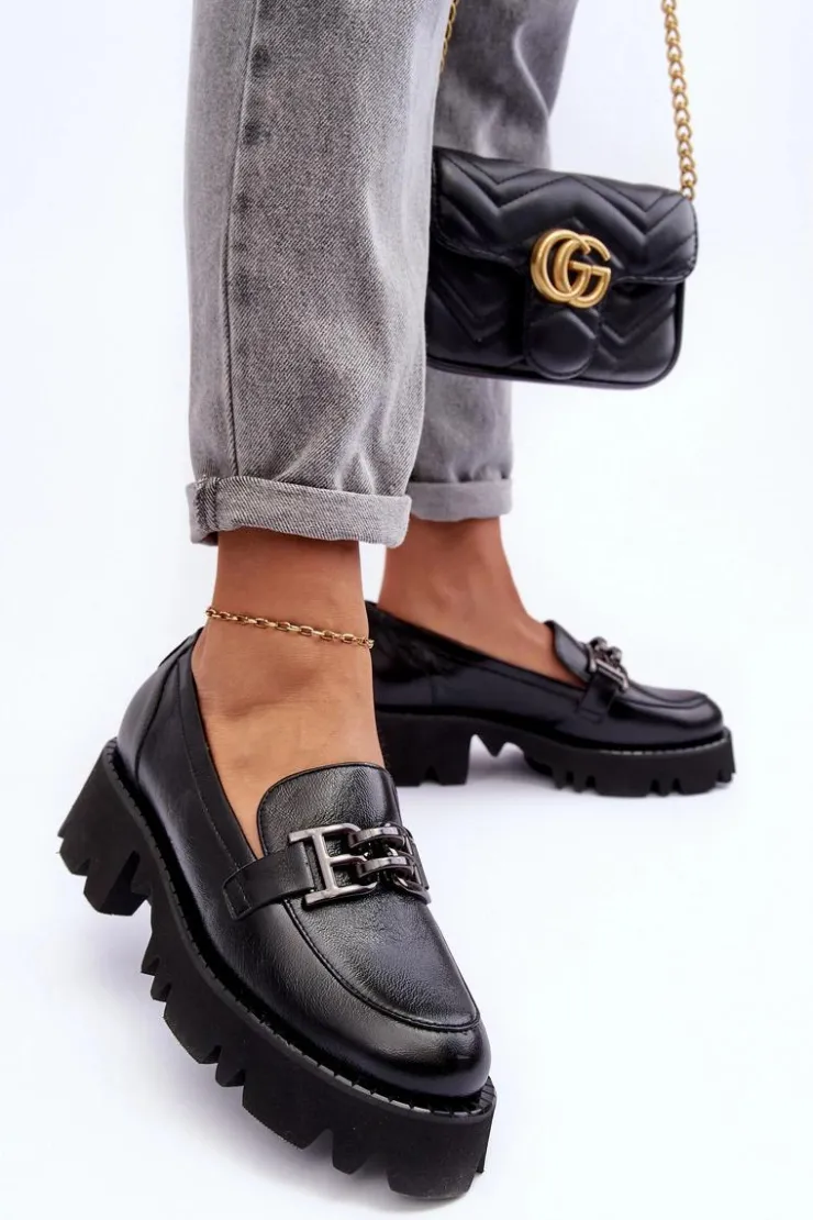 Damskie Laura Messi Damskie Skórzane Półbuty Loafersy Z Ozdobą 2699 Czarne