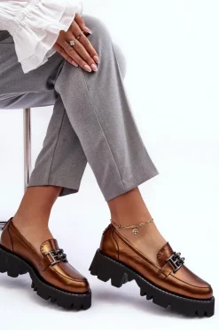 Best Laura Messi Damskie Skórzane Półbuty Loafersy Z Ozdobą 2699 Złote Złoty