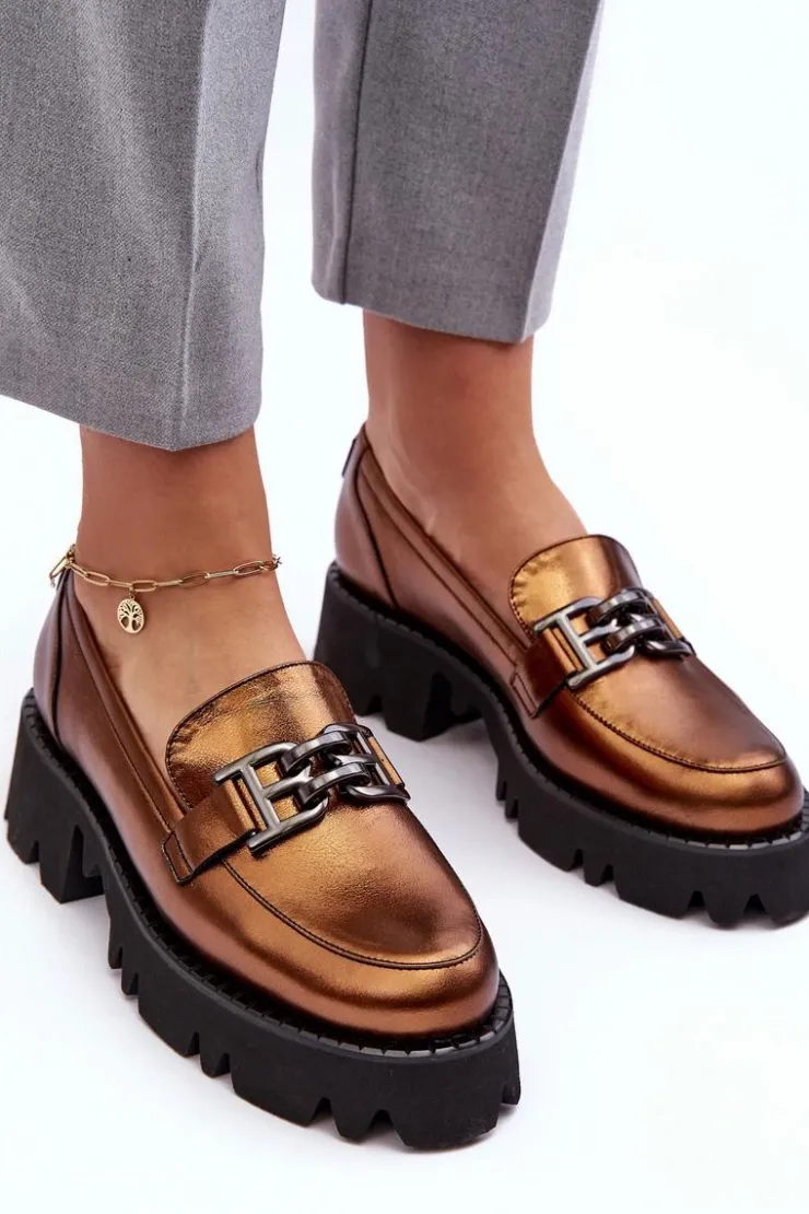 Best Laura Messi Damskie Skórzane Półbuty Loafersy Z Ozdobą 2699 Złote Złoty
