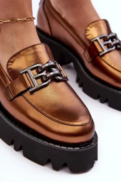 Best Laura Messi Damskie Skórzane Półbuty Loafersy Z Ozdobą 2699 Złote Złoty