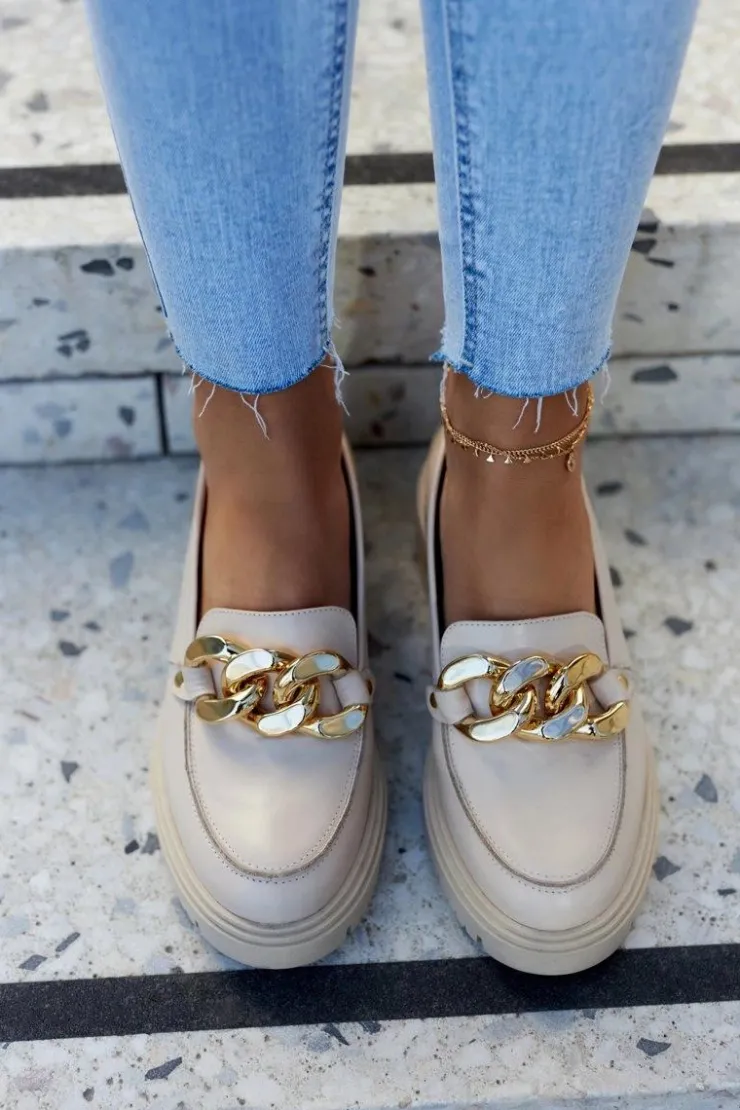 Online Boto Damskie Skórzane Półbuty Loafery Beżowe Mollie