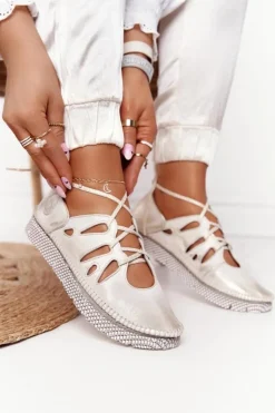 Maciejka Półbuty Skórzane*Damskie Skórzane Półbuty Beżowo-Złote 04449-25