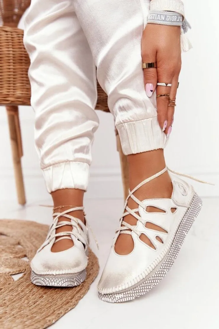 Maciejka Półbuty Skórzane*Damskie Skórzane Półbuty Beżowo-Złote 04449-25