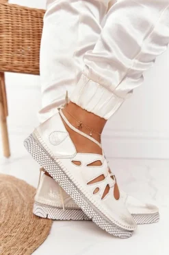 Maciejka Półbuty Skórzane*Damskie Skórzane Półbuty Beżowo-Złote 04449-25