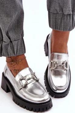 Discount Boto Damskie Skórzane Półbuty Na Masywnym Obcasie Srebrne Lemmitty Srebrny