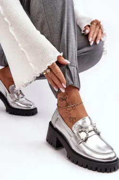 Discount Boto Damskie Skórzane Półbuty Na Masywnym Obcasie Srebrne Lemmitty Srebrny