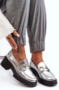 Discount Boto Damskie Skórzane Półbuty Na Masywnym Obcasie Srebrne Lemmitty Srebrny