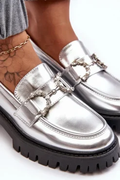 Discount Boto Damskie Skórzane Półbuty Na Masywnym Obcasie Srebrne Lemmitty Srebrny